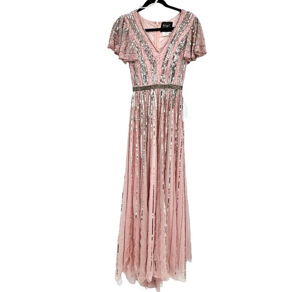 Mac Duggal Stripe Lined Sequin V-Neck Gown Rose Pink Size 4 NWT - Picture 7 of 13
